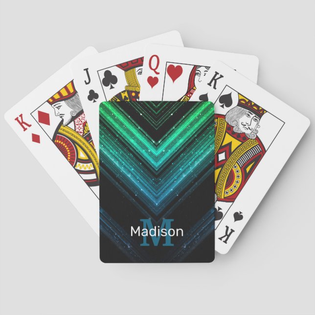 Sparkly metal aqua green galaxy chevron Monogram Playing Cards (Back)