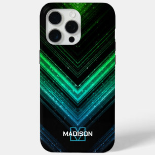 Sparkly metal neon aqua green chevron Monogram iPhone 15 Pro Max Case