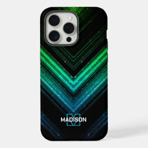 Sparkly metal neon aqua green chevron Monogram iPhone 15 Pro Max Case