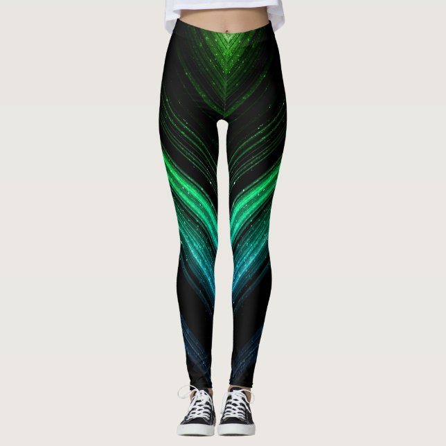 Sparkly metallic aqua green galaxy chevron lines leggings (Front)