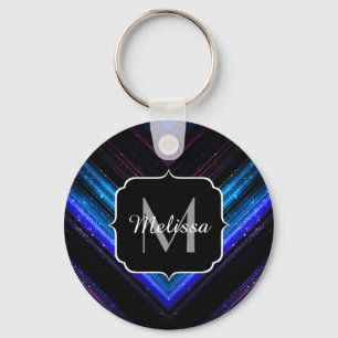 Sparkly metallic blue purple chevron Monogram Keychain