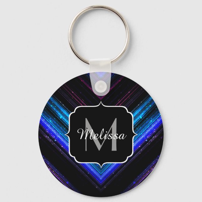 Sparkly metallic blue purple chevron Monogram Keychain (Front)