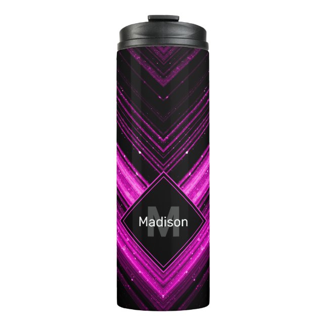 Sparkly metallic hot pink black chevron Monogram Thermal Tumbler (Front)