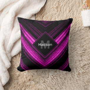 Sparkly metallic hot pink black chevron Monogram Throw Pillow