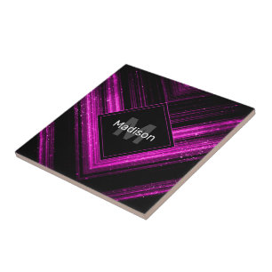 Sparkly metallic hot pink black chevron Monogram Tile