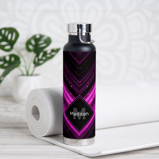 Sparkly metallic hot pink black chevron Monogram Water Bottle (Yoga)
