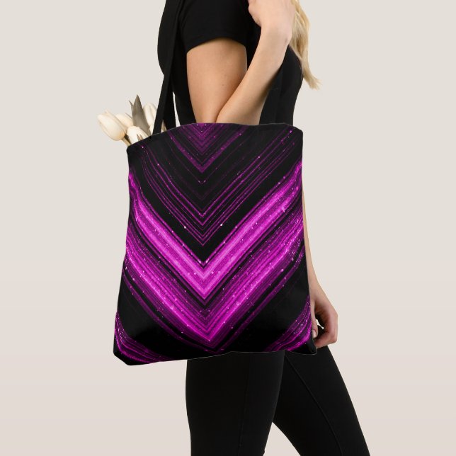 Sparkly metallic hot pink magenta black chevron tote bag (Close Up)