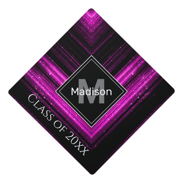 Sparkly metallic hot pink magenta chevron Monogram Graduation Cap Topper (Front)