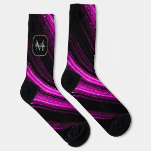 Sparkly metallic hot pink magenta chevron Monogram Socks