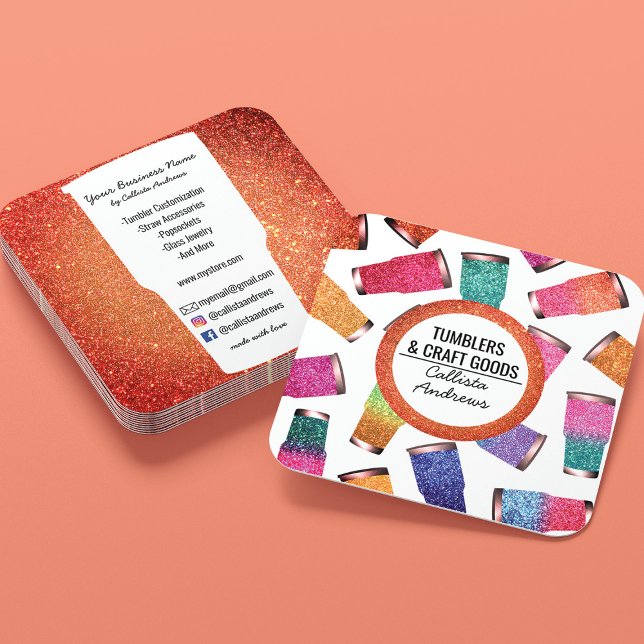 Sparkly Modern Neon Glitter Tumbler Crafter Square Business Card (Creator Uploaded)