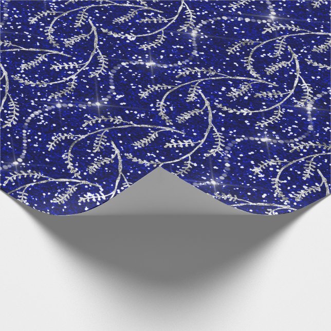 Sparkly Navy Laurel Floral Silver Diamonds Wrapping Paper (Corner)