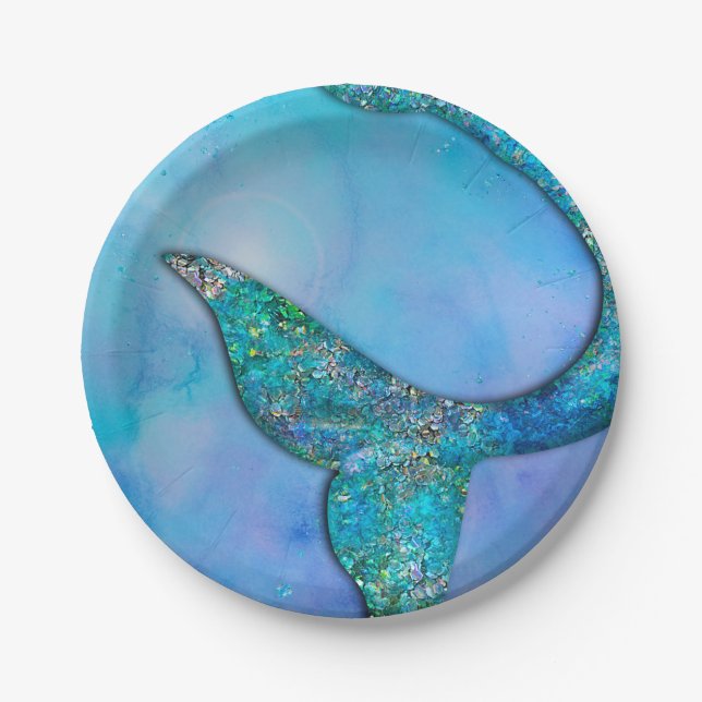 Sparkly Ocean Mermaid Fin Tail Birthday Party Paper Plate (Front)