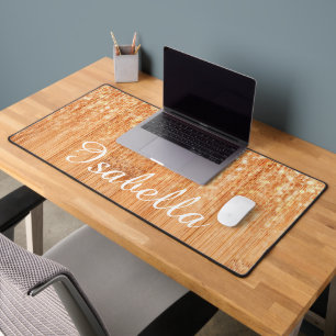 Sparkly orange bamboo wood print custom name desk mat