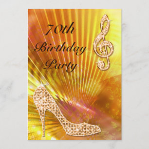 Sparkly Orange Music Note & Stiletto 70th birthday Invitation