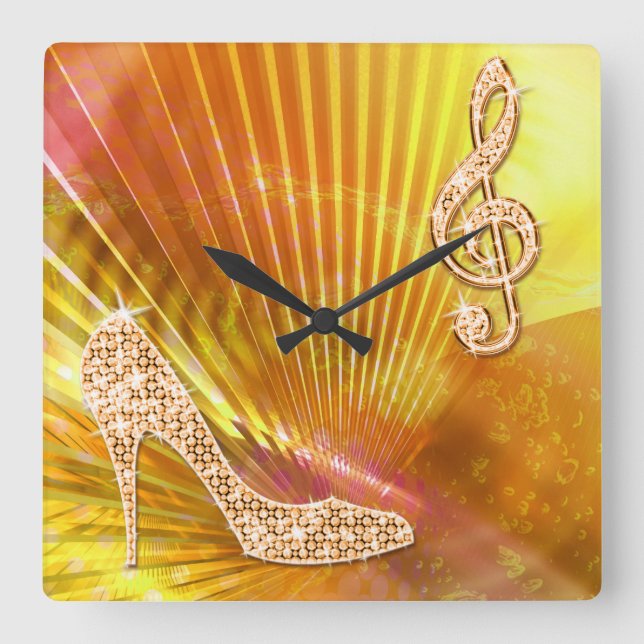 Sparkly Orange Music Note & Stiletto Heel Square Wall Clock (Front)