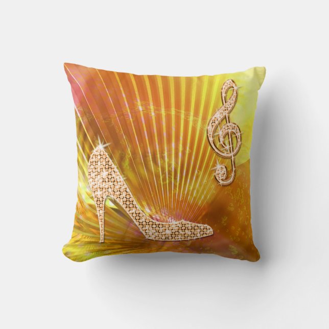 Sparkly Orange Music Note & Stiletto Heel Throw Pillow (Front)
