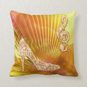 Sparkly Orange Music Note & Stiletto Heel Throw Pillow