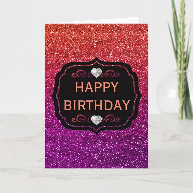 Sparkly Orange & Purple Gradient Glitter Birthday Card (Front)