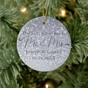 Sparkly Our First Christmas Married Mr and Mrs Ceramic Ornament