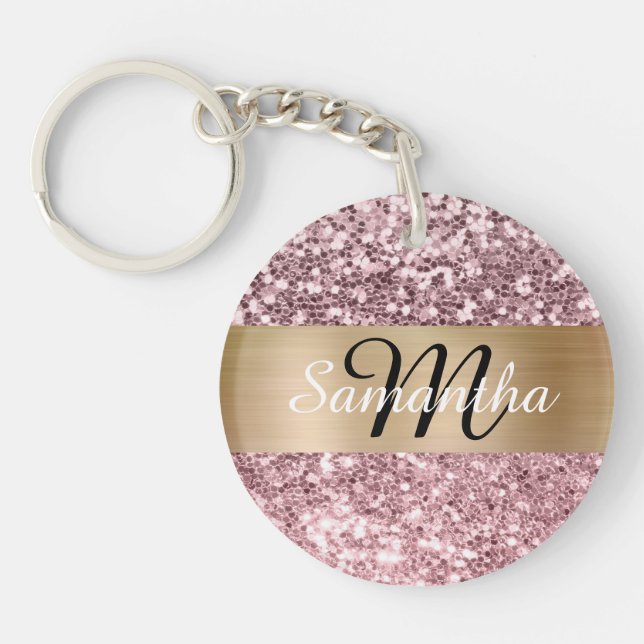 Sparkly Pale Pink Glitter Gold Foil Monogram Keychain (Front)