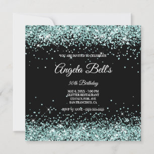 Sparkly Pale Turquoise Glitter Black 30th Birthday Invitation