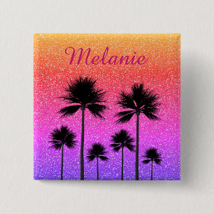Sparkly Palm Trees Gradient Sunset Personalised 2 Inch Square Button