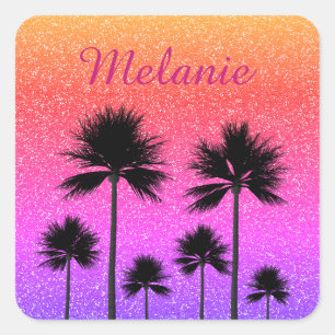 Sparkly Palm Trees Gradient Sunset Personalised Square Sticker