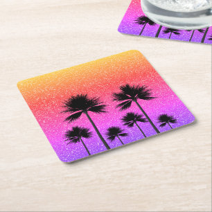 Sparkly Palm Trees Gradient Sunset  Square Paper Coaster