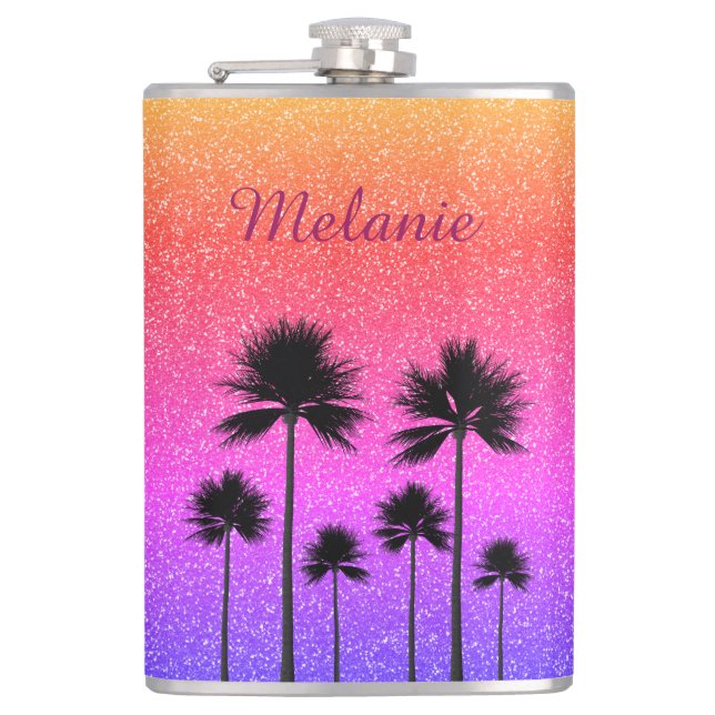Sparkly Palm Trees Hip Flask (Front)