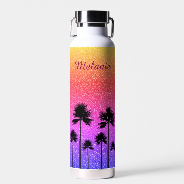 Sparkly Palm Trees Personalised Water Bottle (Front)