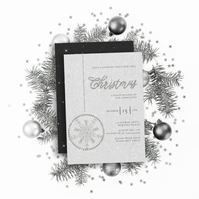 Sparkly Party Rhinestones Glitter White Christmas Invitation (sparkly glitter christmas party invitation rhinestones bauble snowflake formal black white elegant)