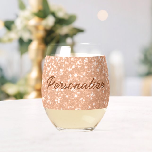 Sparkly peach faux sparkles Custom text Stemless Wine Glass (Insitu (Wedding))