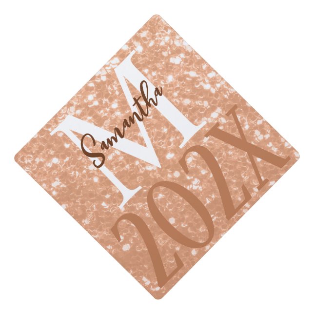 Sparkly peach faux sparkles Monogram Class of 2024 Graduation Cap Topper (Front)