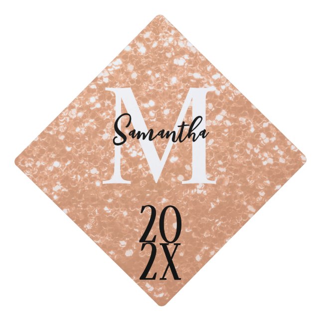 Sparkly peach faux sparkles Monogram Class of 2024 Graduation Cap Topper (Front)