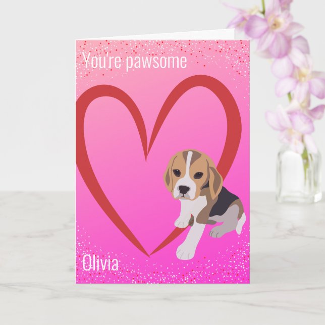 SPARKLY PINK BEAGLE VALENTINE'S DAY ROMANTIC HEART CARD (Orchid)