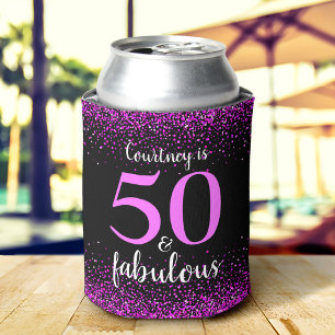 Sparkly Pink & black 50 and fabulous personalized Can Cooler