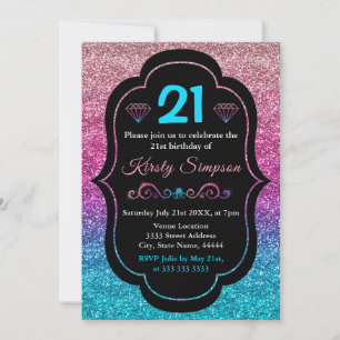 Sparkly Pink & Blue Gradient Glitter Birthday Invitation