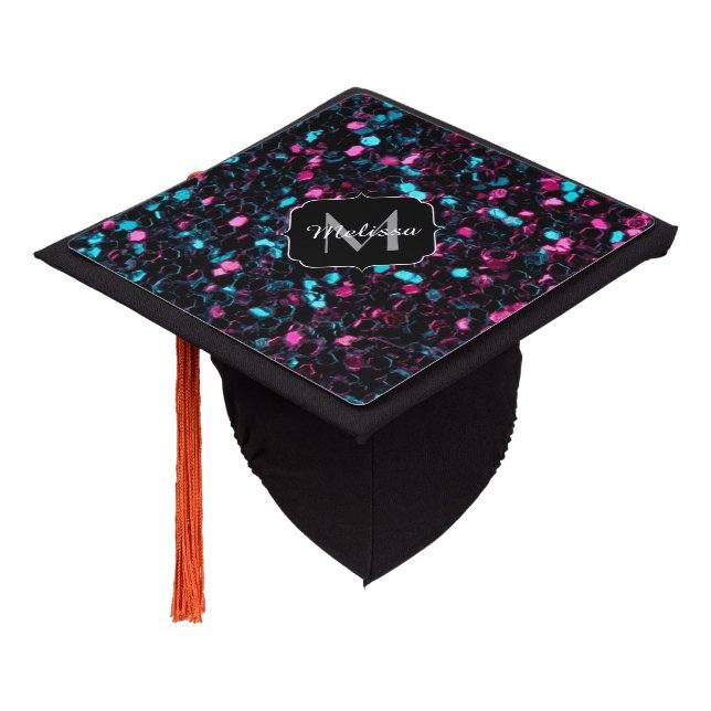  Sparkly pink blue mosaic glitter sparkle Monogram Graduation Cap Topper (Angled)