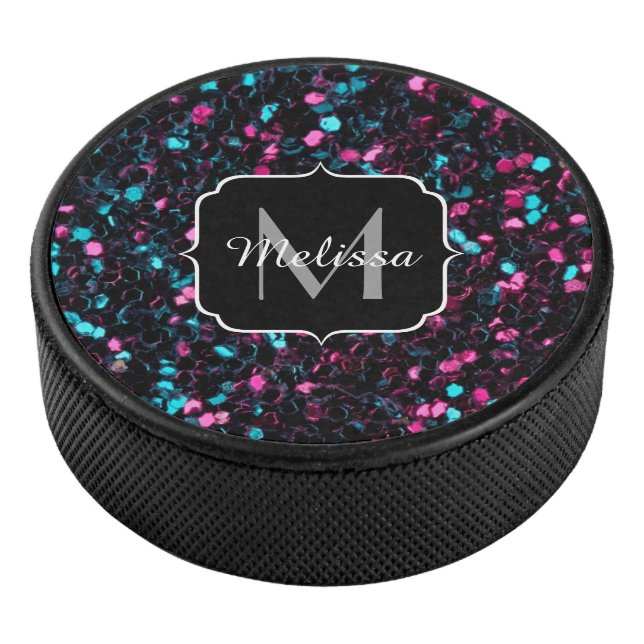  Sparkly pink blue mosaic glitter sparkle Monogram Hockey Puck (3/4)