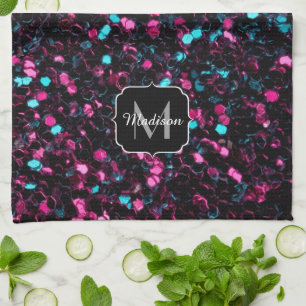  Sparkly pink blue mosaic glitter sparkle Monogram Kitchen Towel