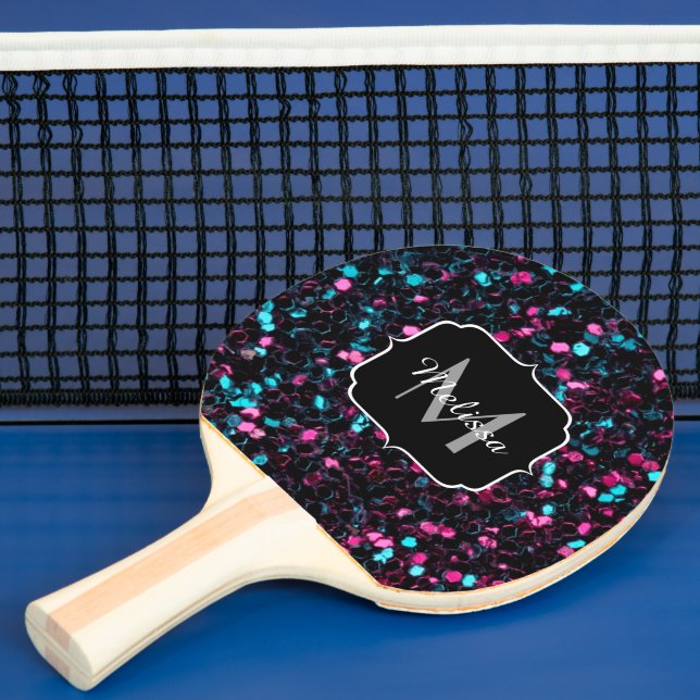  Sparkly pink blue mosaic glitter sparkle Monogram Ping Pong Paddle (Insitu)