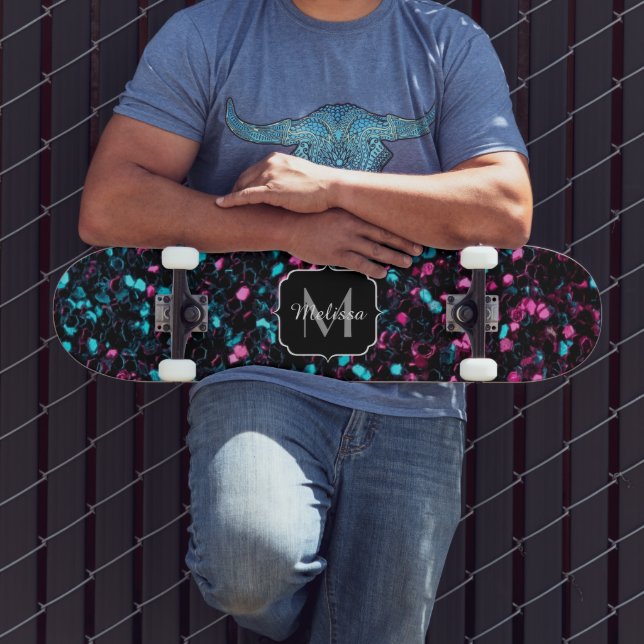  Sparkly pink blue mosaic glitter sparkle Monogram Skateboard (Outdoor 3)