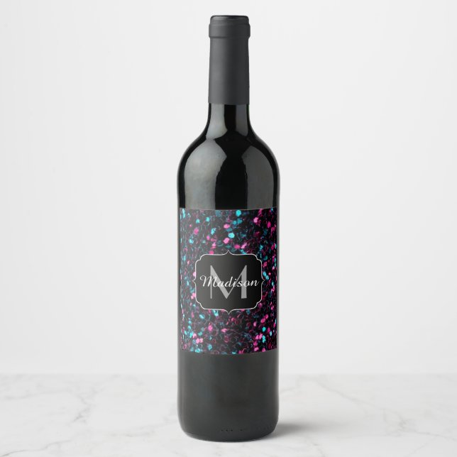  Sparkly pink blue mosaic glitter sparkle Monogram Wine Label (Front)