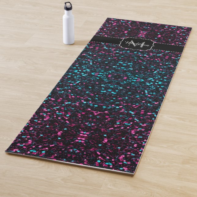  Sparkly pink blue mosaic glitter sparkle Monogram Yoga Mat (In Situ)