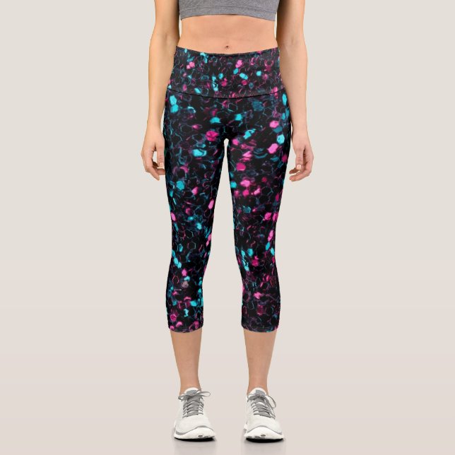 Sparkly pink blue mosaic glitter sparkles capri leggings (Front)