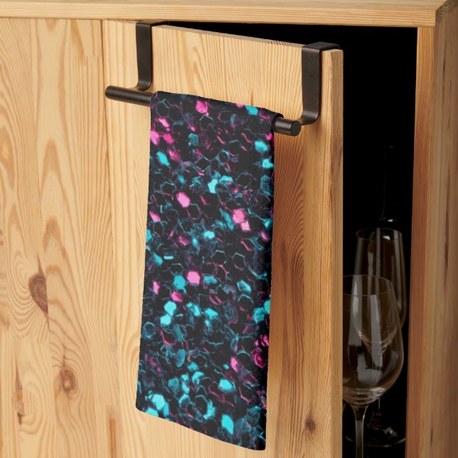 Sparkly pink blue mosaic glitter sparkles kitchen towel (Thirds Fold)