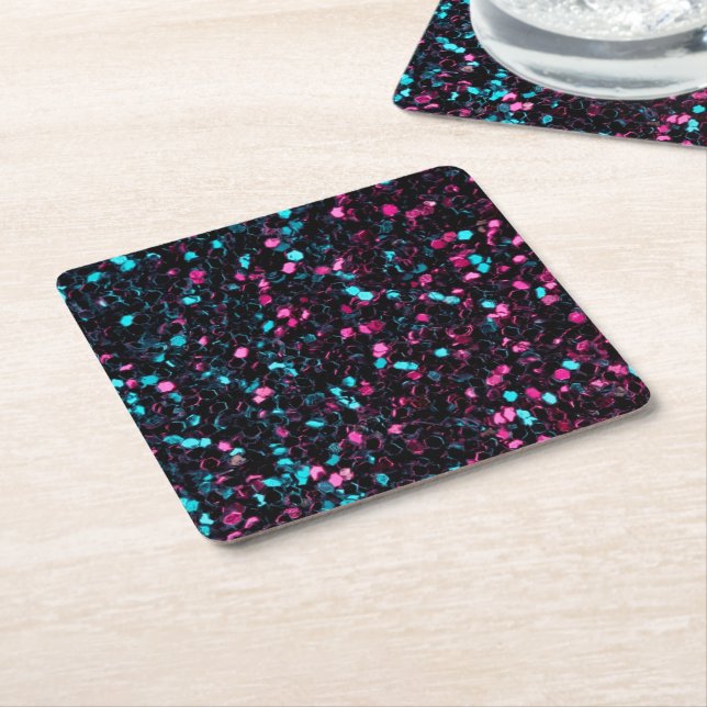 Sparkly pink blue mosaic glitter sparkles square paper coaster (Angled)