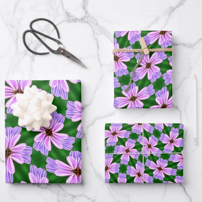 Sparkly Pink Flowers Pattern Wrapping Paper Sheet (Front)