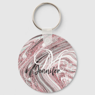 Sparkly Pink Marble Rose Gold Glitter Monogram Keychain