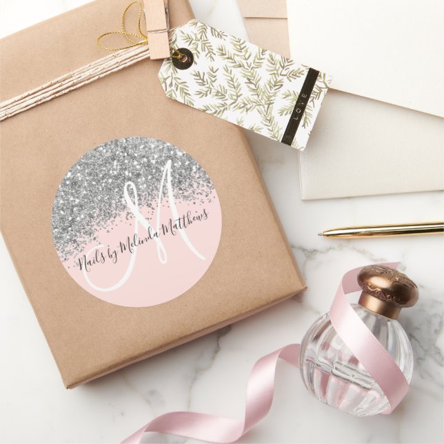 Sparkly Pink Silver Confetti Glitter Business Classic Round Sticker (Gifting)
